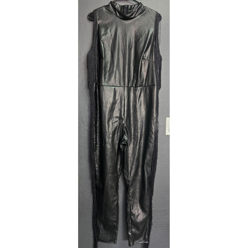 Black Faux Leather Fringe Jumpsuit Mock Neck Sleeveless Edgy Festival Biker